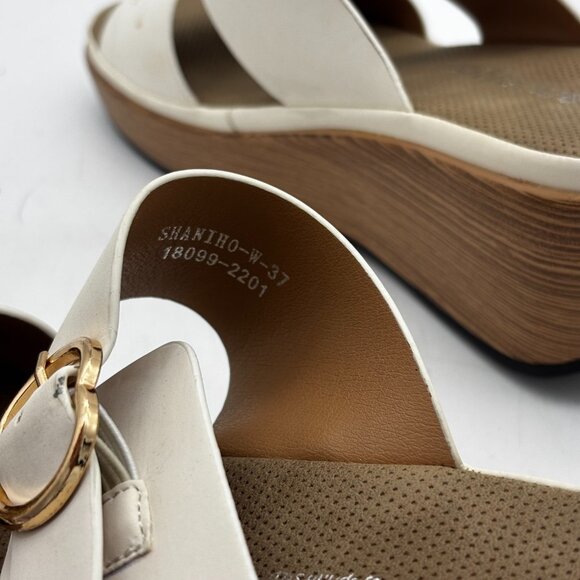 Patrizia Womens 37 White Platform Wedge Sandals Gold Buckle Slide Slip On Shoes - Picture 5 of 7